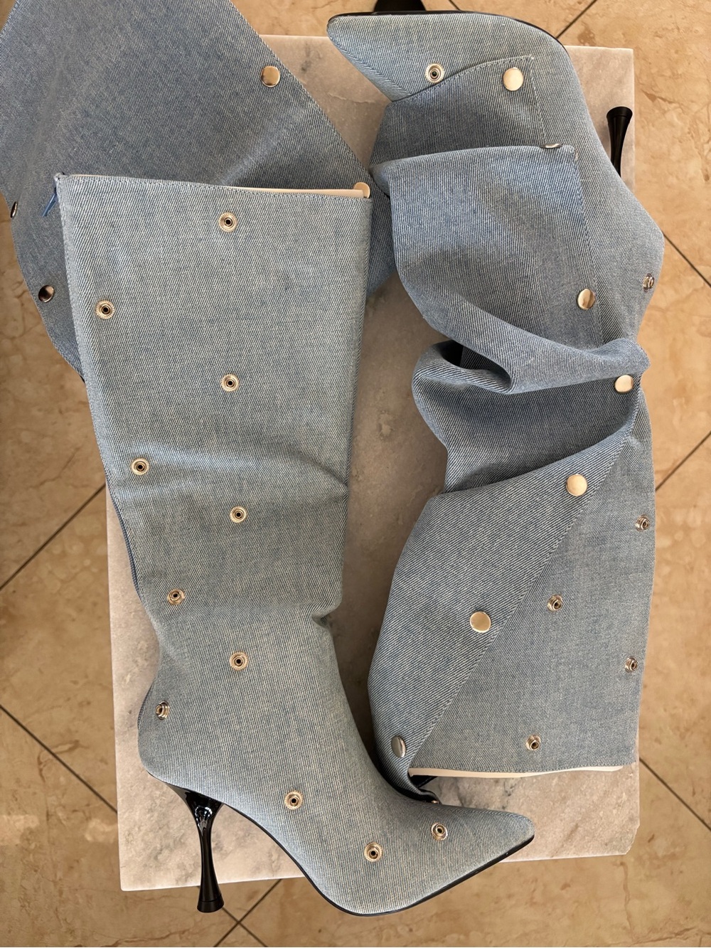 Women’s Light Blue Denim Detachable Panels Knee-High Stiletto Boots (size 6.5)